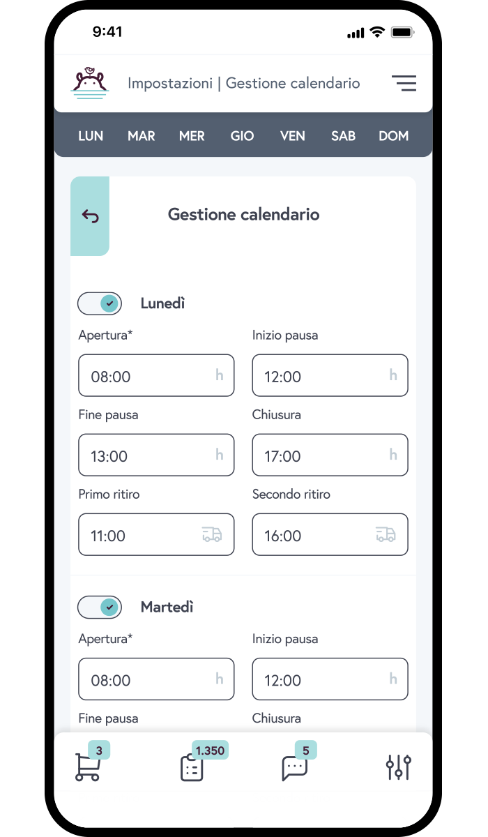 HIppoFlow - Calendario Ritiri La sezione Calendario Ritiri di HippoFlow (L'App di HippoPlace), dedicata alla impostazioni del calendario dei ritiri per le consegne.