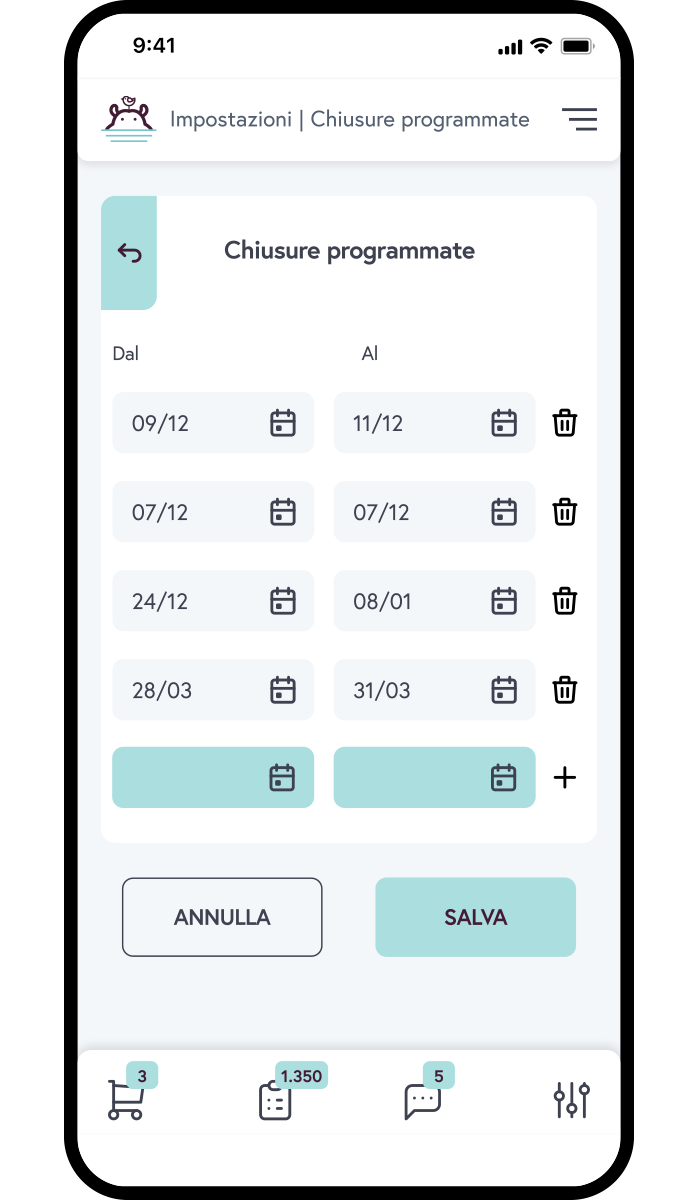 HIppoFlow-Chiusure La sezione Chiusure Programmate di HippoFlow (l'App di HippoPlace), dedicata all'impostazione delle autorizzazioni delle chiusure programmate del magazzino.