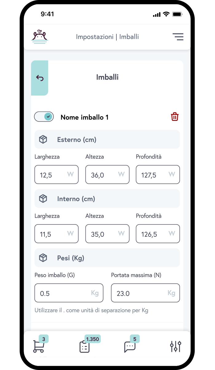 HIppoFlow - Imballi La sezione Imballi di HippoFlow (l'App di HippoPlace), dedicata a gestire le misure degli imballi disponibili per il calcolo pondovolumetrico automatizzato dei pacchi da spedire.