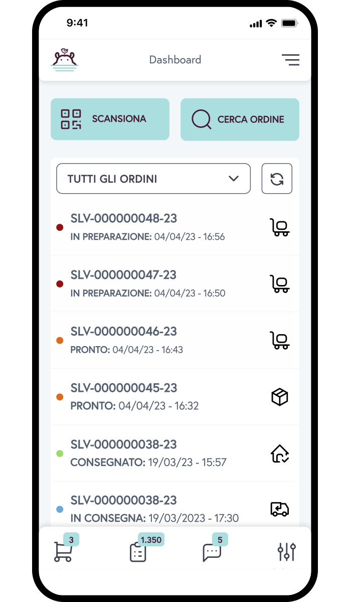 HippoFlow - Dashboard La Dashboard di HippoFlow (l'App di HippoPlace), si può osservare la lista degli ordine in gestione